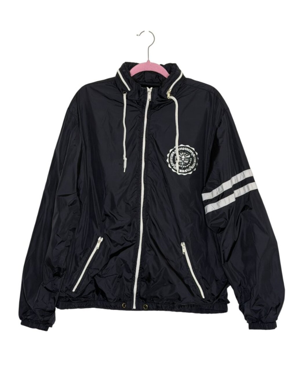 Aeropostale Nylon Windbreaker Jacket Hood Zip Front Mens Black White L